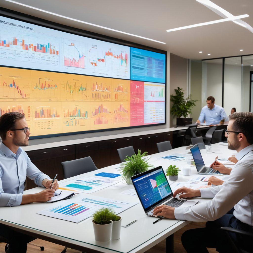 A modern, stylish insurance office with a diverse group of people collaborating around a large table while analyzing colorful charts and graphs about coverage plans. There’s a digital screen displaying an interactive insurance marketplace interface in the background with logos of various insurance companies. Bright, warm lighting creates a welcoming atmosphere, and plants add a touch of greenery. super-realistic. vibrant colors.