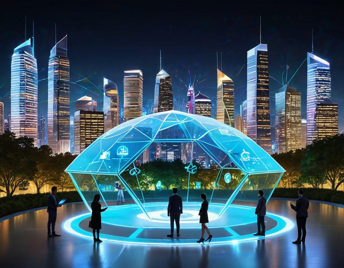 A futuristic scene depicting a digital insurance policy interface floating in a holographic space, surrounded by diverse people interacting with it on smart devices. Include elements representing comprehensive coverage: houses, cars, health icons, and a diverse city skyline in the background. Bright, inviting colors enhance the sense of innovation and accessibility. super-realistic. vibrant colors. high-tech atmosphere.