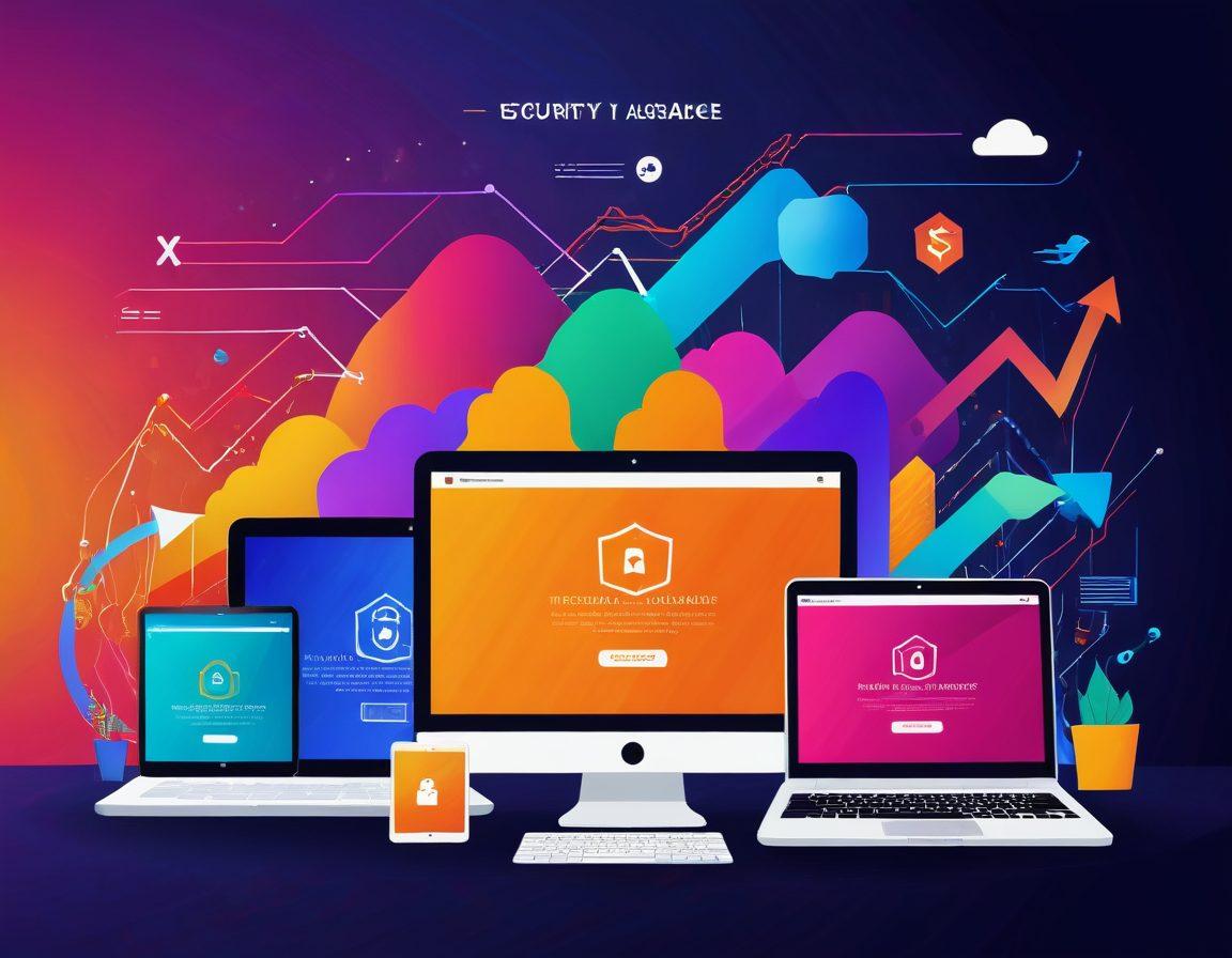 A dynamic scene showing diverse consumers using various online devices to compare insurance quotes, with colorful charts and graphs displayed on their screens. Include symbols of security and trust, like a padlock and shield, intertwined with digital tools. The background features an abstract representation of the digital landscape with flowing data lines illustrating connectivity. Bright and engaging colors to evoke a sense of empowerment and technology. vector art. vibrant colors. 3D.